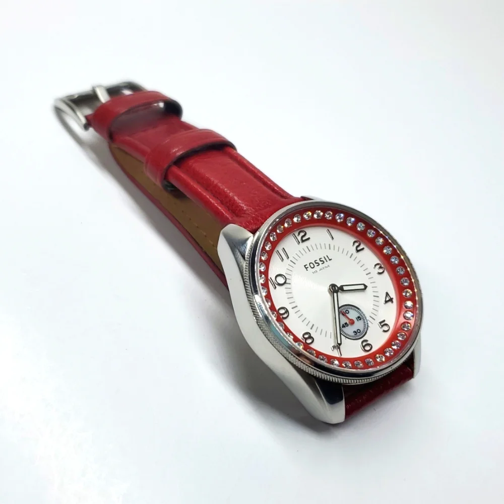 Fossil Watch AM-4188 Silver Watch Red Leather Band Crystal Bling